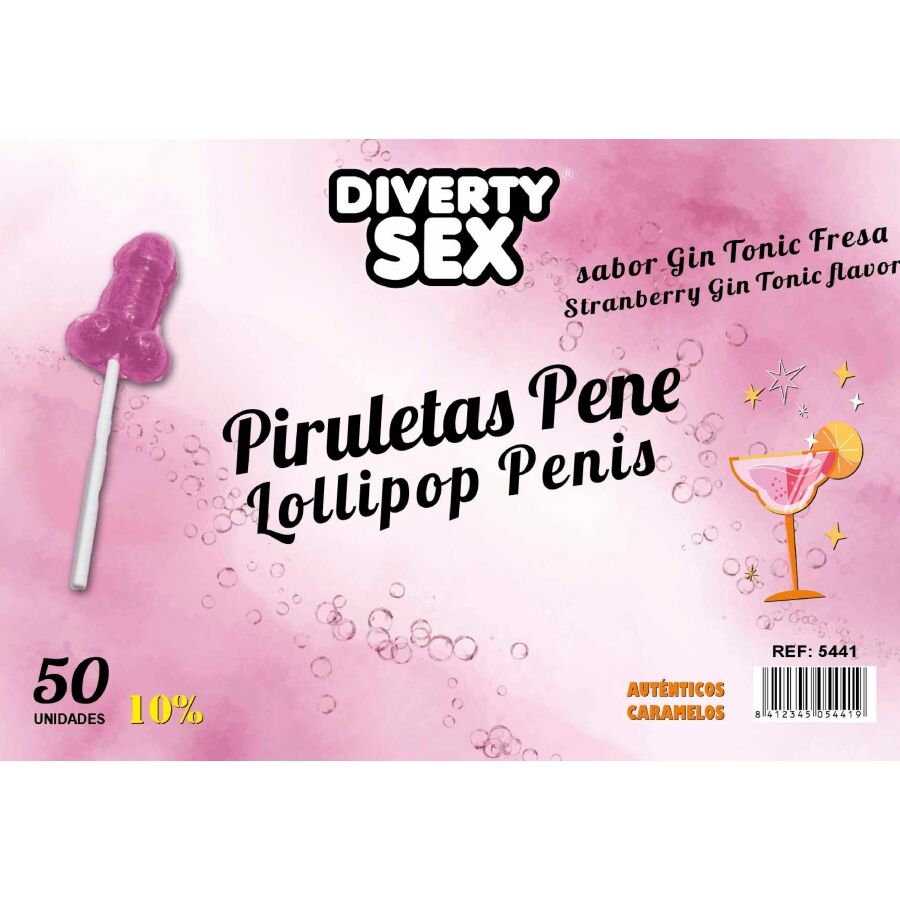 DIABLO GOLOSO - 50 PENIS LOLLIPOPS GIN TONIC JORDBÆRSMAG 10% ALKOHOL