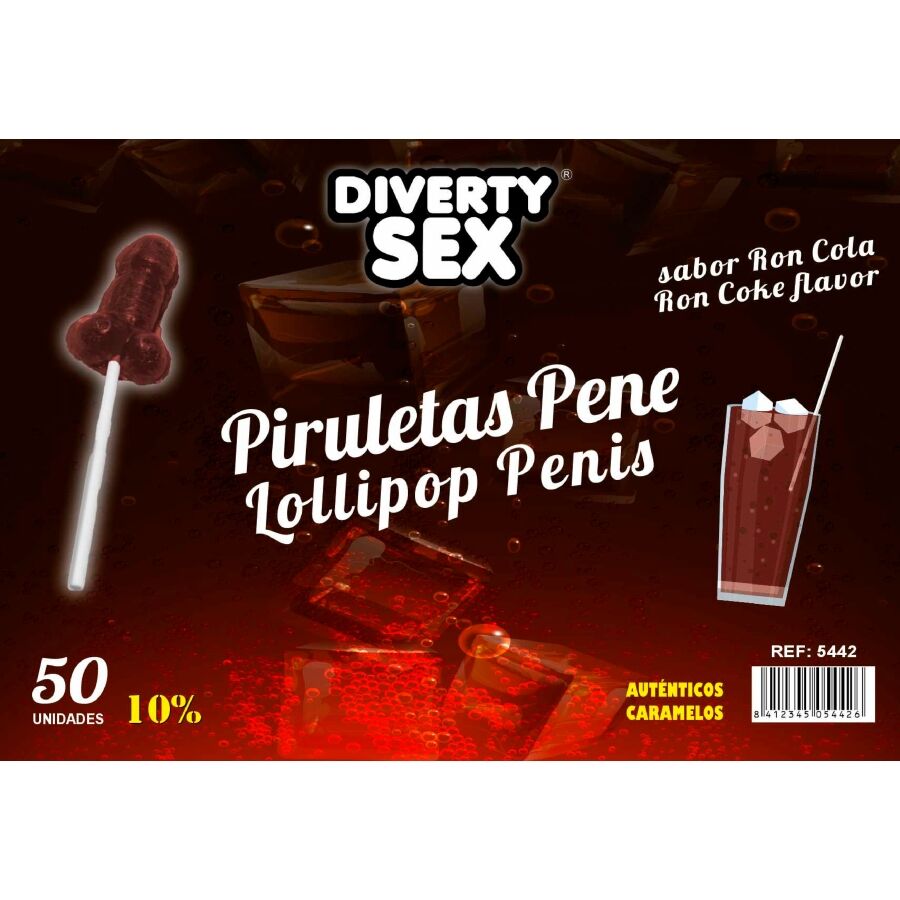 DIABLO GOLOSO - 50 PENIS LOLLIPOPS RON COLA SMAG 10 % ALKOHOL