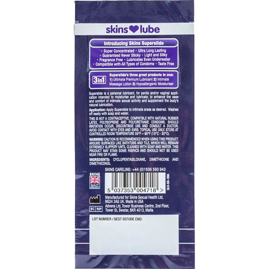 SKINS - SUPERSLIDE SILIKONEBASERET GLIDEMIDDEL ENKELT DOSIS 5 ML