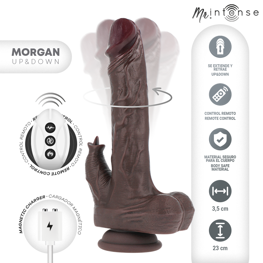 MR INTENSE - MORGAN REALISTISK MULTIFUNKTIONSDUKKE MED VIBRATION OG OP- OG NED-FJERNBETJENING 23 CM -O- 3,5 CM