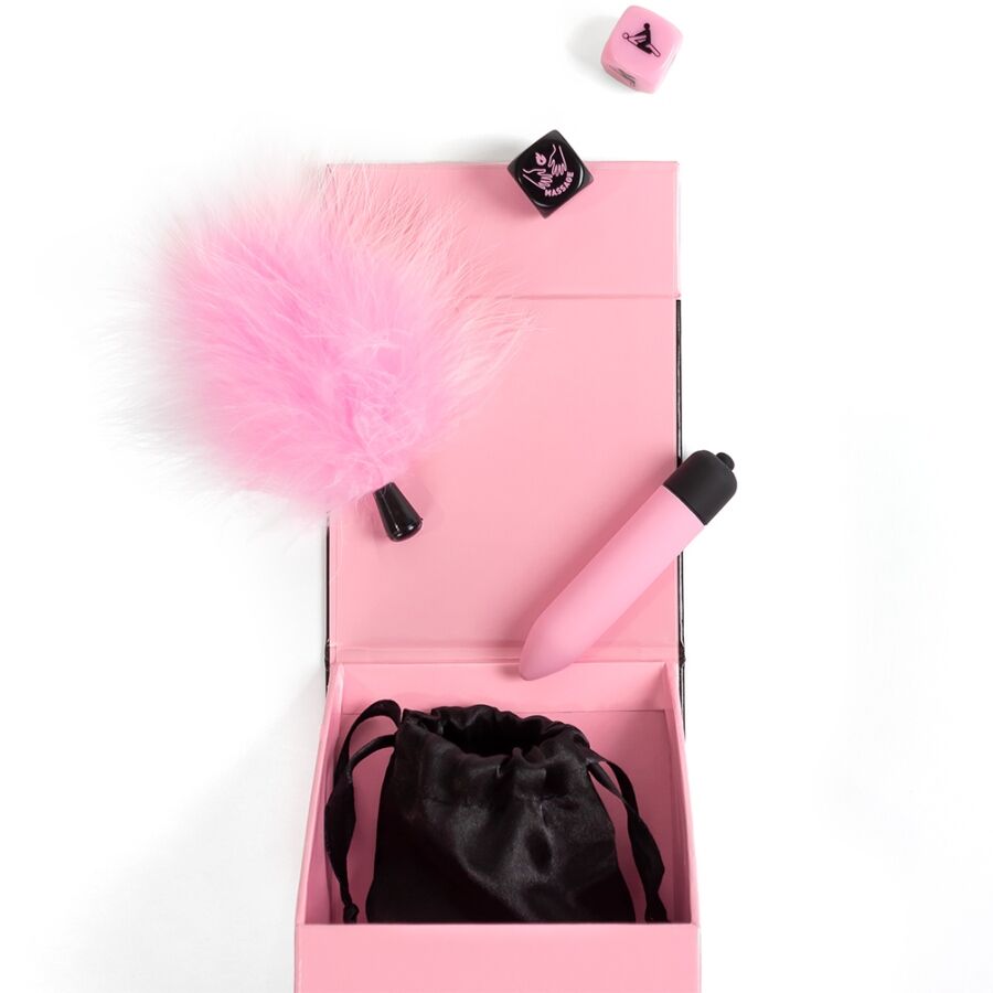 HEMMELIG LEG - FORNØJELSESBOX FOR PAR: TERNINGER + VIBRERENDE KUGLER + FJERPEN
