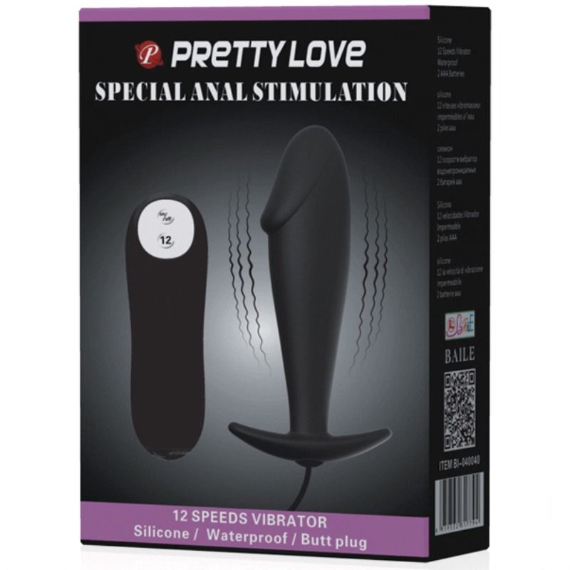PRETTY LOVE - SILIKONE ANALPLUG PENISFORM OG 12 VIBRATIONSSTILSTANDE SORT