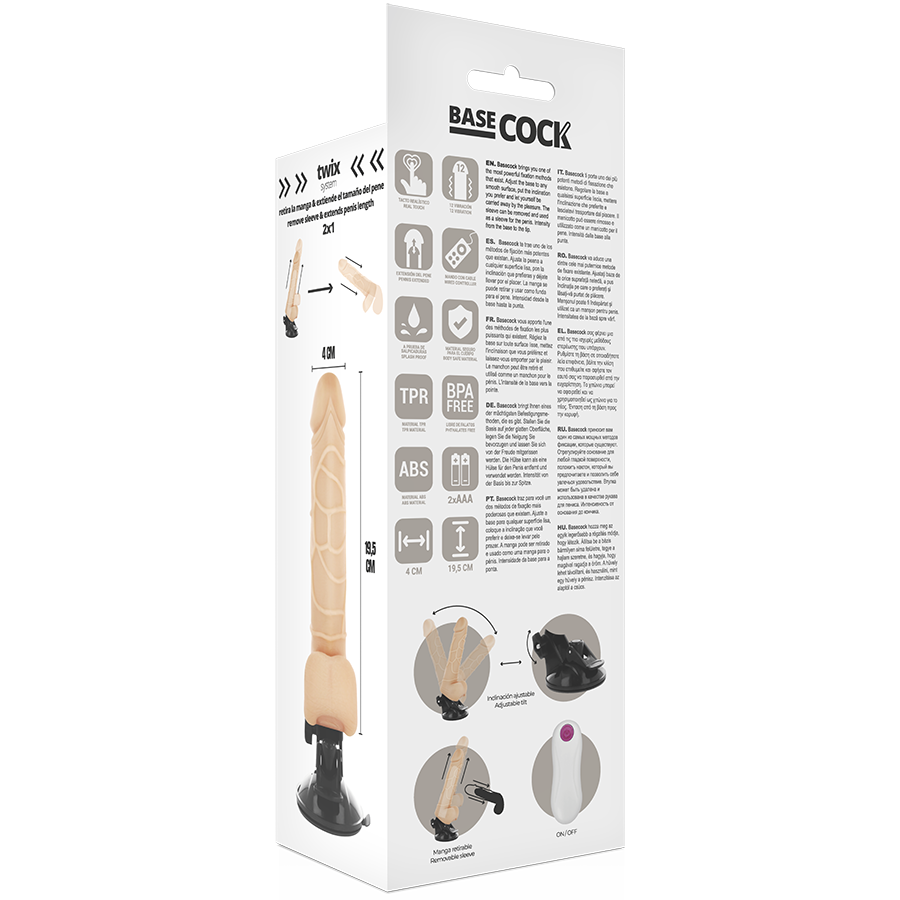 BASECOCK - REALISTISK VIBRATOR FJERNBETJENING NATURLIG MED TESTIKLERNES 19,5 CM -O- 4 CM