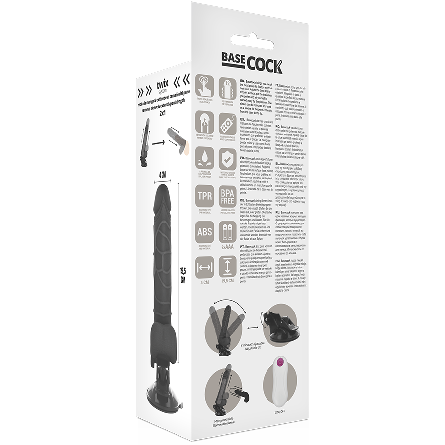 BASECOCK - REALISTISK VIBRATOR FJERNBETJENING SORT MED TESTIKLERNES 19,5 CM -O- 4 CM