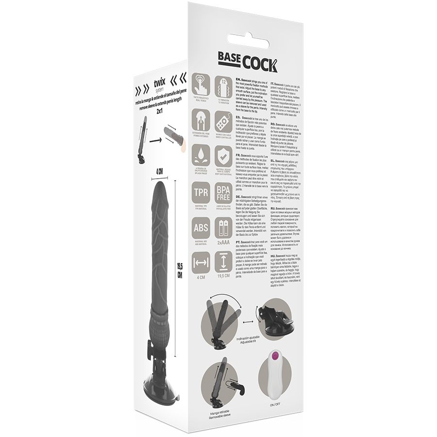 BASECOCK - REALISTISK VIBRATOR FJERNBETJENING SORT 19,5 CM -O- 4 CM