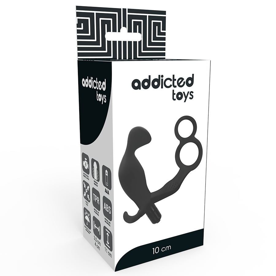 ADDICTED TOYS - ANALPLUG MED DOBBELT PENIS RING OG TESTIKLE SORT