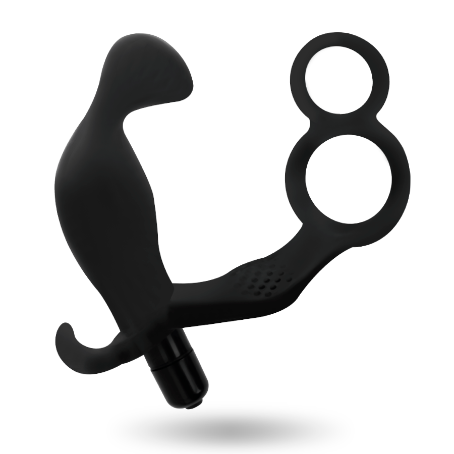 ADDICTED TOYS - ANALPLUG MED DOBBELT PENIS RING OG TESTIKLE SORT