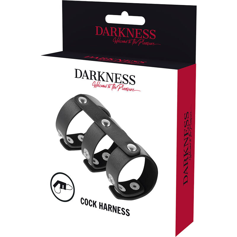 DARKNESS - JUSTERBAR DOBBELT PENIS- OG TESTIKELRING I LÆDER